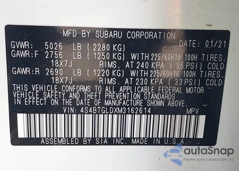 2021 Subaru Outback Onyx Edition Xt z USA, uszkodzony, nr VIN 4S4BTGLDXM3162614